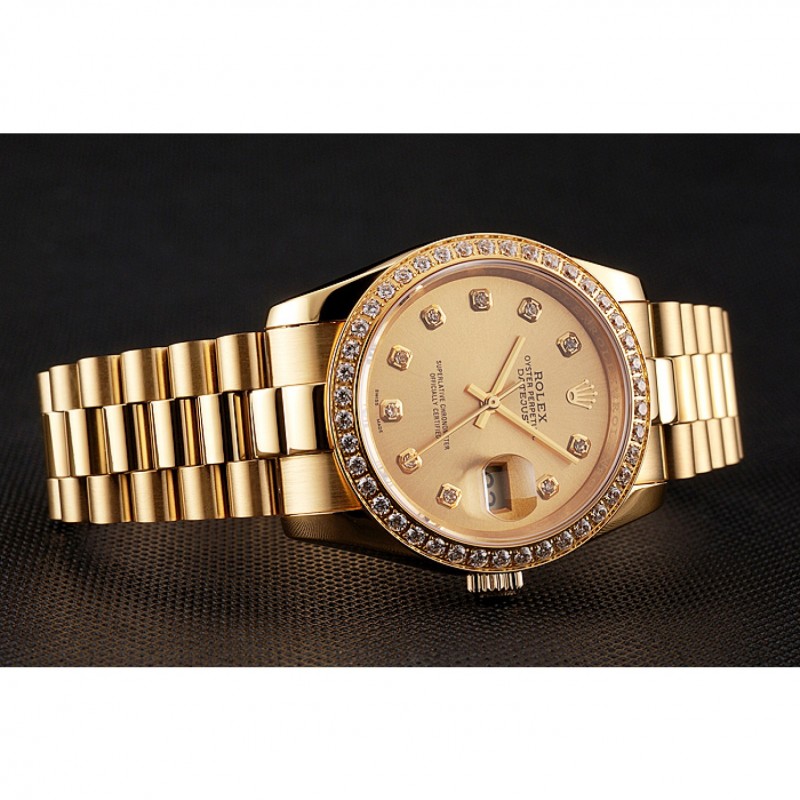 Swiss Rolex Datejust Champagne Dial Diamond Bezel Gold Bracelet 1454097-3