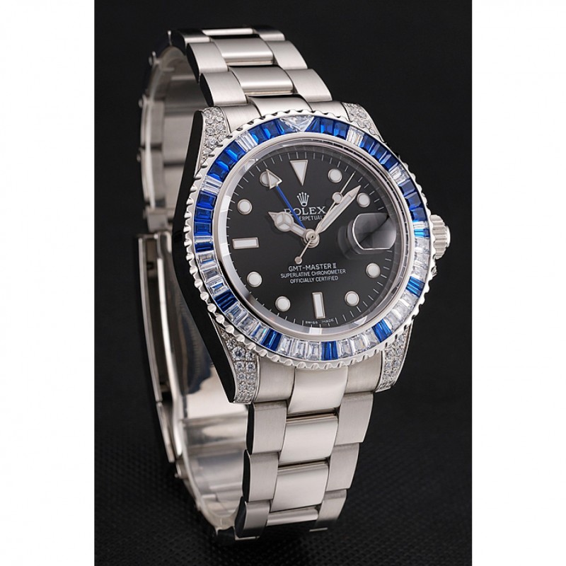 Cheap Replica Watches Swiss Rolex GMT Master II Black Dial Stone Set Bezel Stainless Steel Case And Bracelet 1453747-2