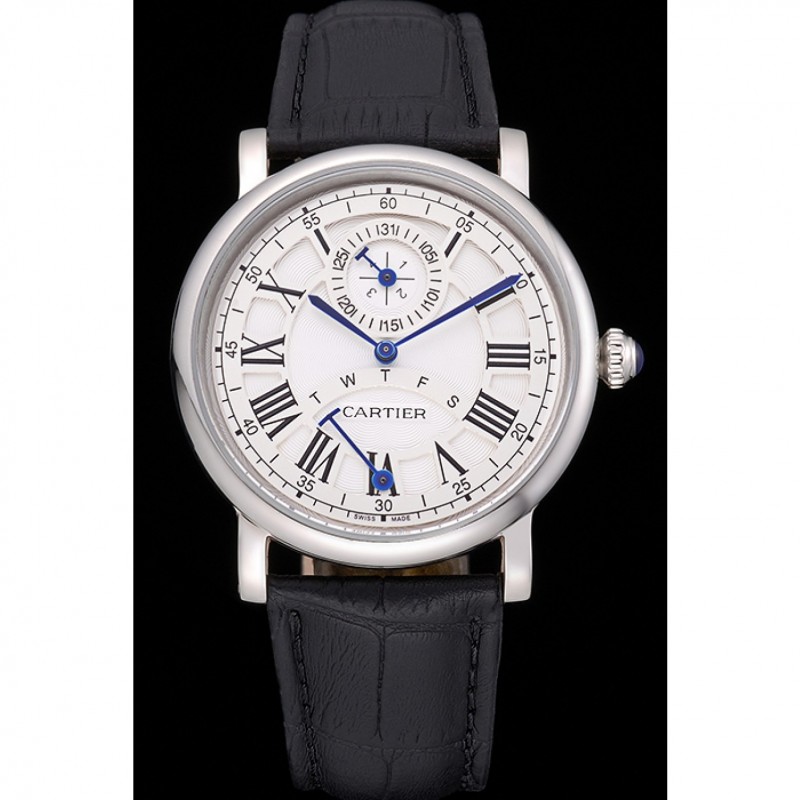 Best Replica Watches Cartier Rotonde White Dial Stainless Steel Case Black Leather Strap 622757-1