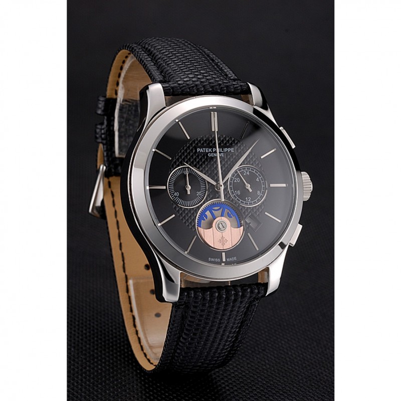 Patek Philippe Chronograph Black Dial Stainless Steel Case Black Leather Strap-2
