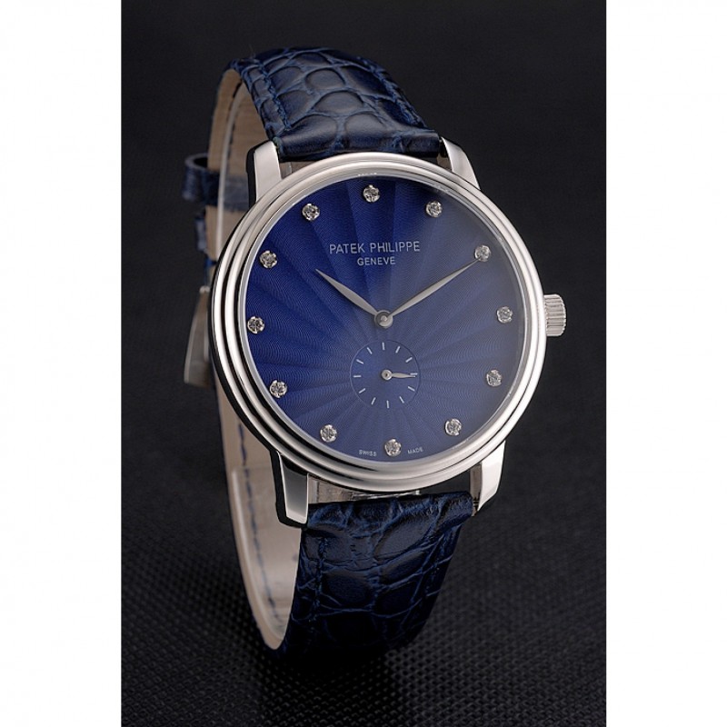 Patek Philippe Calatrava Blue Guilloche Dial Stainless Steel Case Blue Leather Strap-2