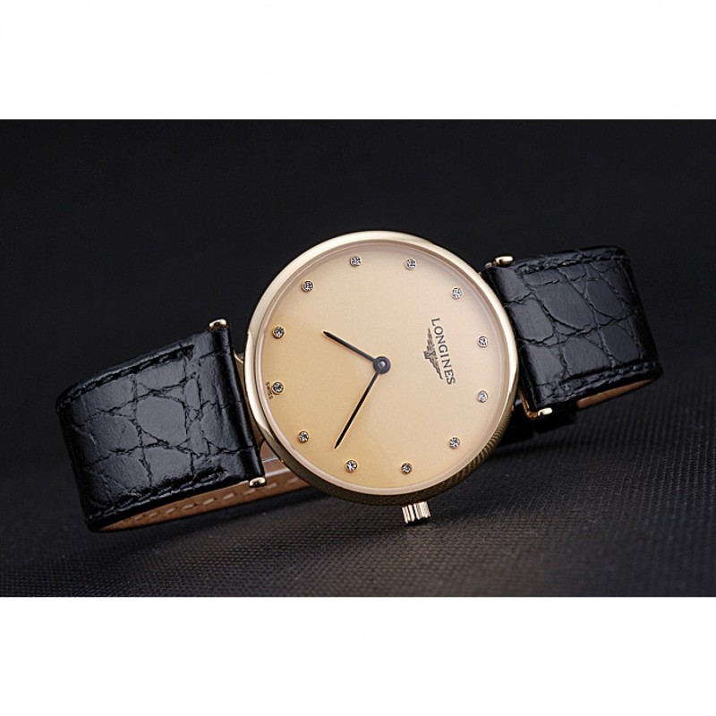 Longines La Grande Classique Champagne Dial Black Leather Band Diamond Markers Homme 622121-3