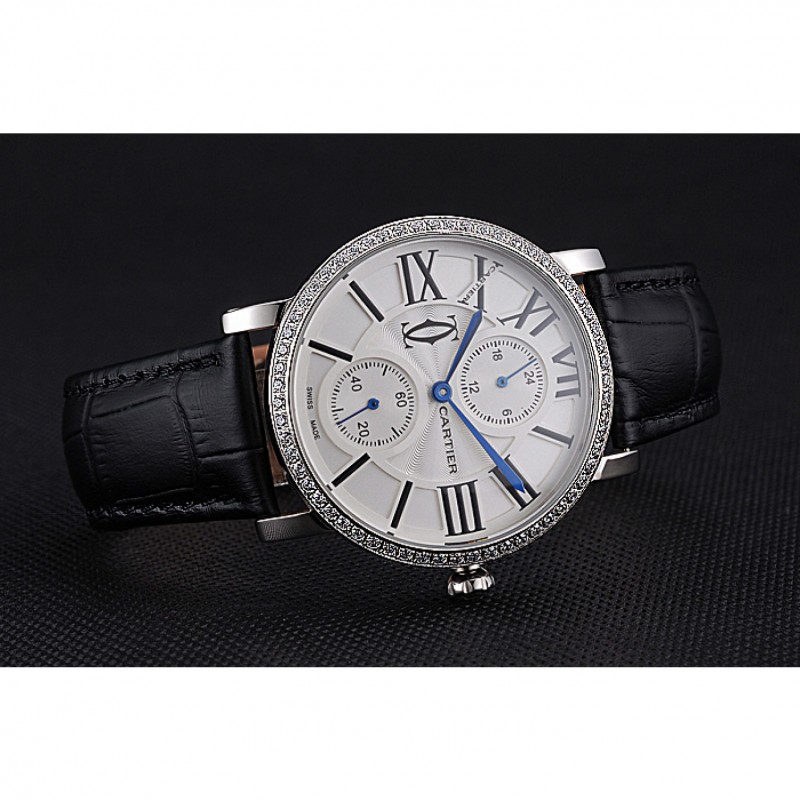 SS Cartier Ronde Second Time Zone White Dial Stainless Steel Case With Diamonds Black Leather Strap 622804-4