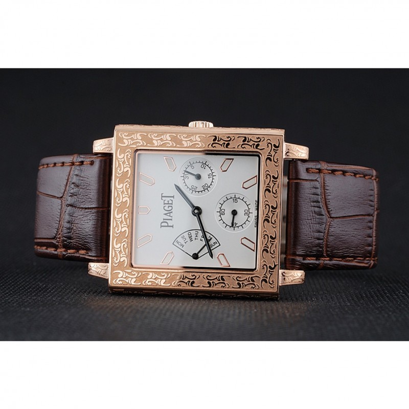 Luxury Replica Watches Piaget Emperador Limited Edition White Dial Engraved Rose Gold Case Brown Leather Bracelet 1454140-3