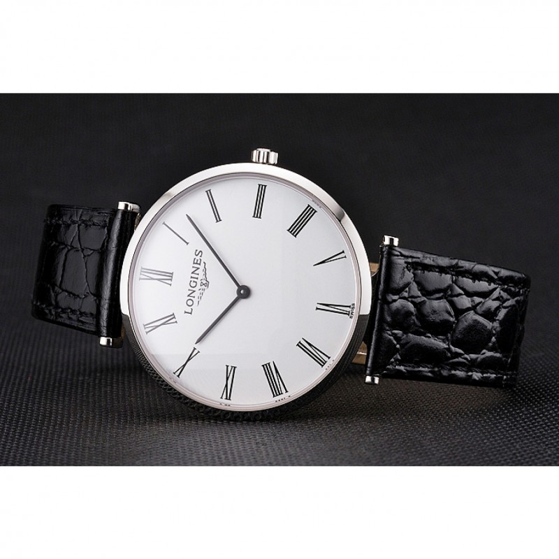 SS Swiss Longines Grande Classique White Dial Roman Numerals Stainless Steel Case Black Leather Strap-4