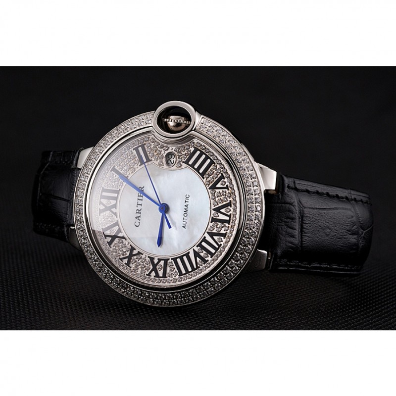 High Quality Replica Watches Swiss Cartier Ballon Bleu 46 MM Diamond Dial Diamond Case Black Leather Bracelet 1453894-2