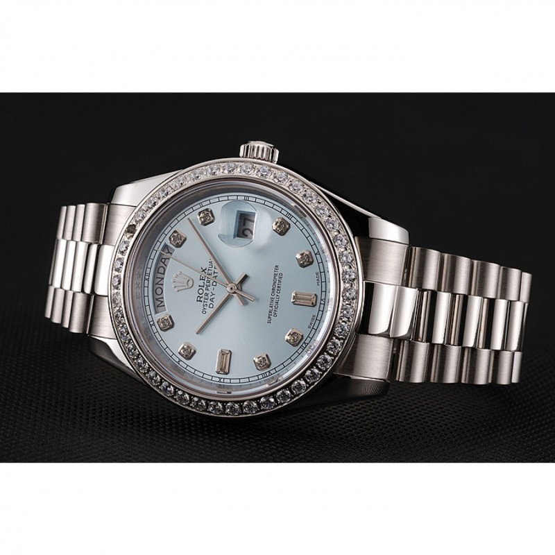 High End Replica Watches Swiss Rolex Day-Date Ice Blue Dial Diamond Case Diamond Numerals Stainless Steel Bracelet 1453963-3