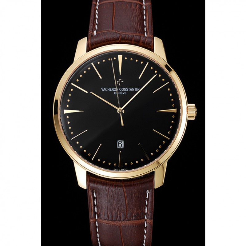 SS Replica Watches Swiss Vacheron Constantin Patrimony Black Dial Gold Case Brown Leather Bracelet 1454179-1