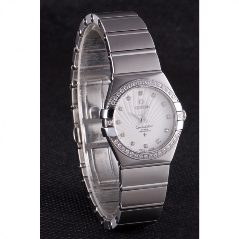 AAA Swiss Lady Omega Constellation Crystal Encrusted Bezel Silver Radial Dial 80291-2