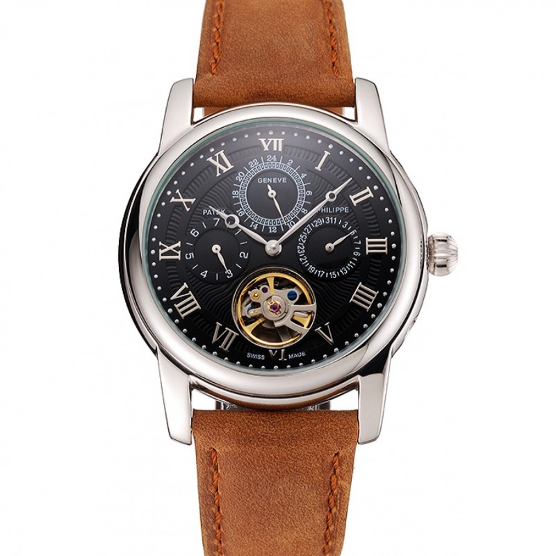 Patek Philippe Grand Complications Day Date Tourbillon Black Dial Numerals Stainless Steel Case Brown Suede Leather Strap 1453816-0