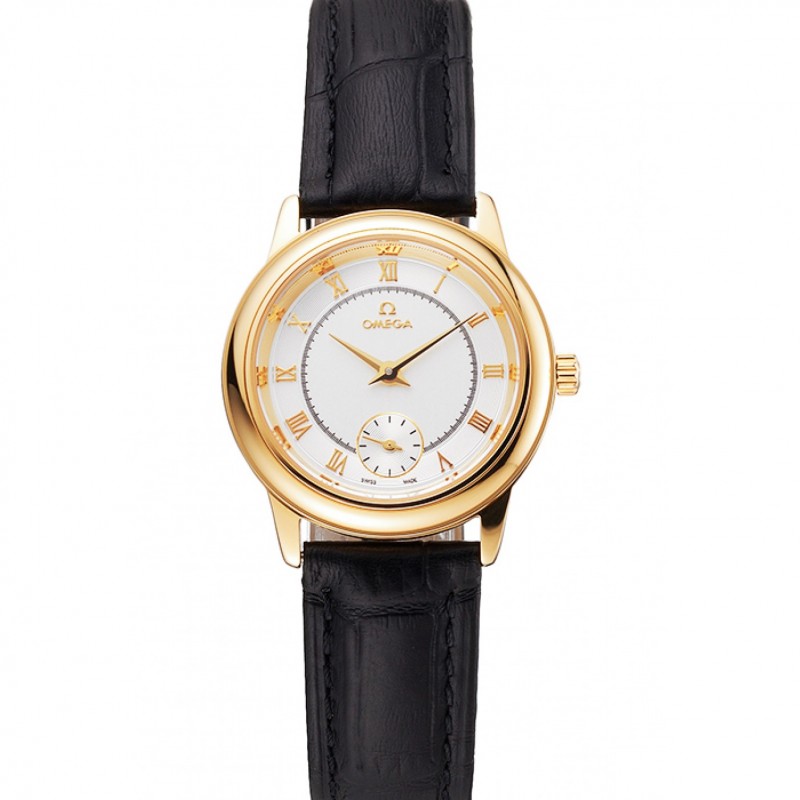 Omega De Ville Prestige Small Seconds White Dial Gold Case Black Leather Strap-0