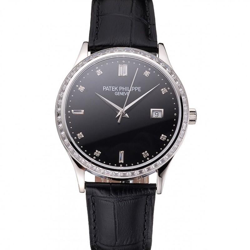 Best Replica Watches Swiss Patek Philippe Calatrava Black Dial Diamond Bezel Stainless Steel Case Black Leather Strap-0