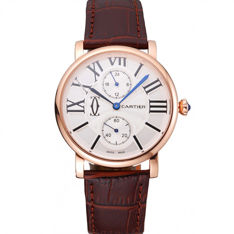 SS Cartier Ronde Second Time Zone White Dial Gold Case Brown Leather Strap 622801-0
