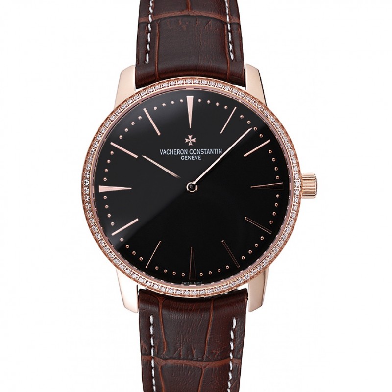 Swiss Vacheron Constantin Patrimony Grand Taille Black Dial Rose Gold Diamonds Case Brown Leather Bracelet 1454174-0