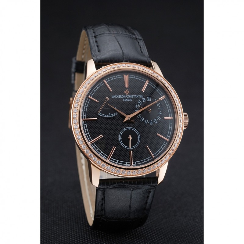 Vacheron Constantin Patrimony Power Reserve Black Dial Gold Diamond Case Black Leather Bracelet 1454269-2