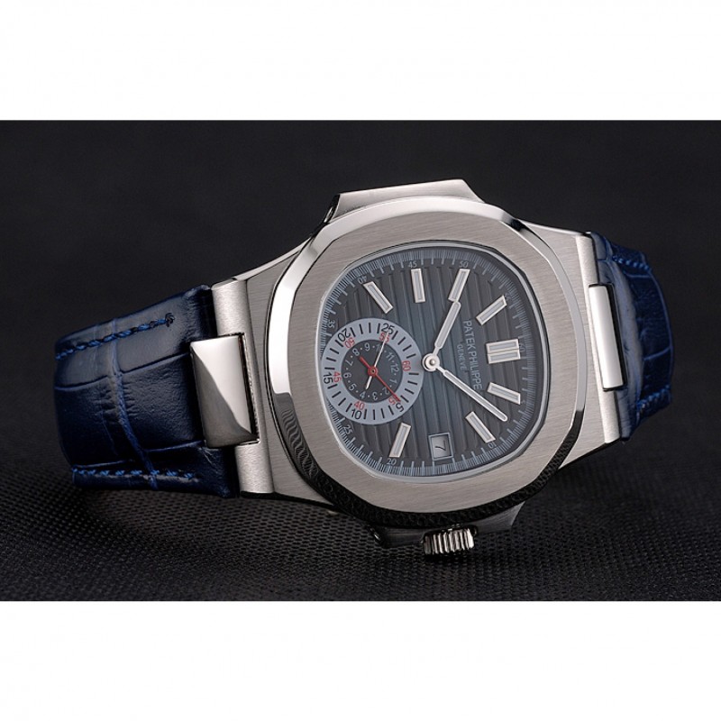 AAA Replica Watches Patek Philippe Nautilus Blue Dial Stainless Steel Case Blue Leather Strap-3