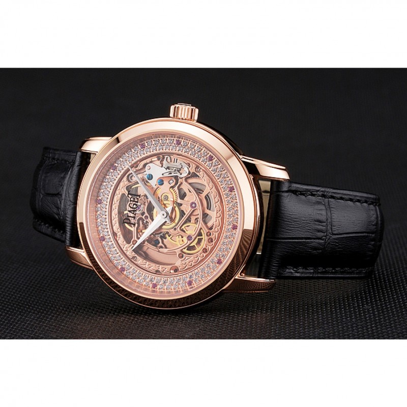 SS Replica Watches Swiss Piaget Altiplano Rose Gold Skeleton Dial With Diamonds Rose Gold Case Black Leather Strap-3