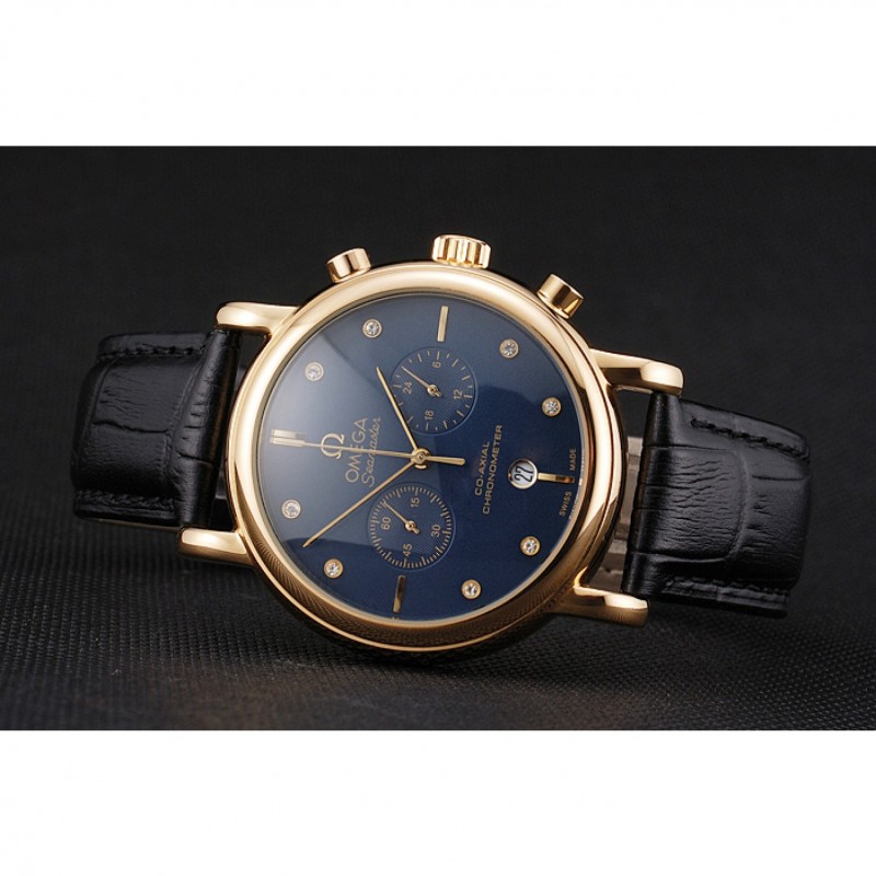 Omega Seamaster Vintage Chronograph Blue Dial Diamond Hour Marks Gold Case Black Leather Strap-3