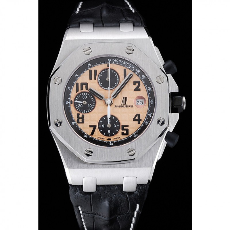 Swiss Audemars Piguet Royal Oak Offshore Gold Dial Stainless Steel Case Black Leather Strap 622849-1