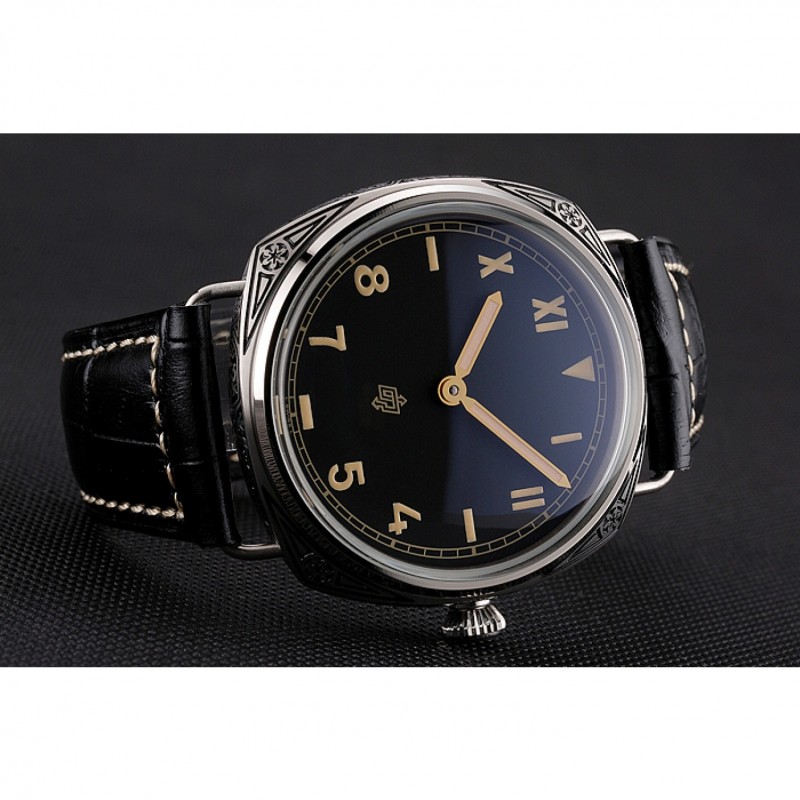 SS Panerai Radiomir Firenze PAM604 Black Dial Roman Numerals Engraved Stainless Steel Case Black Leather Strap-4