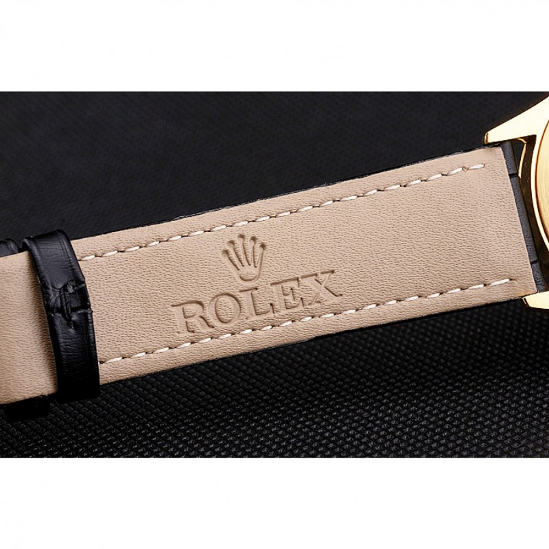Swiss Rolex Cellini Black Dial Roman Numerals Gold Case Black Leather Strap-6