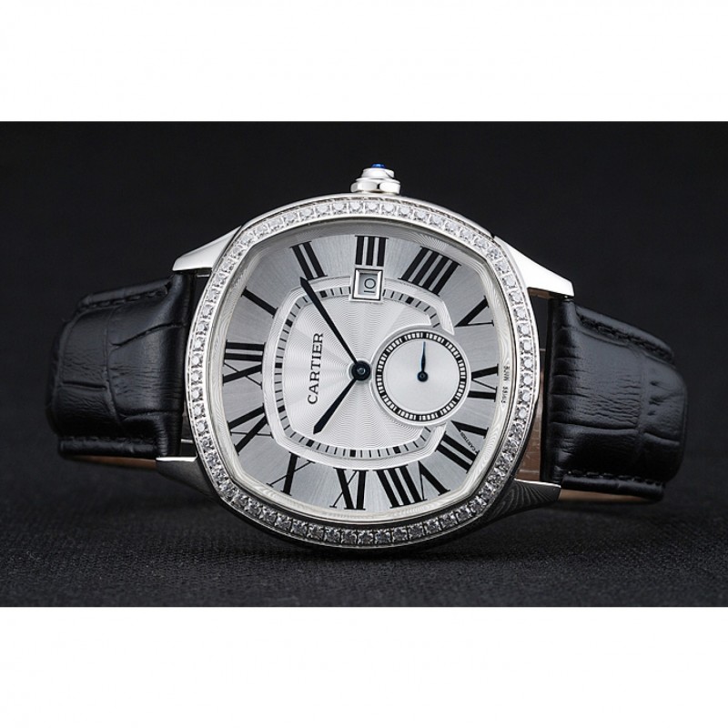 Cartier Drive De Cartier White Dial Silver Diamond Case Black Leather Bracelet 1454215-3