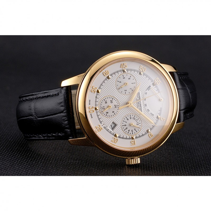 Swiss Vacheron Constantin Traditionnelle Power Reserve White Dial Gold Case Black Leather Strap-3