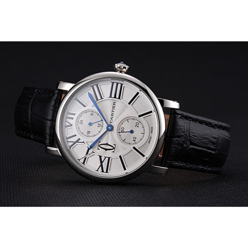 Cartier Ronde Second Time Zone White Dial Stainless Steel Case Black Leather Strap 622798-3