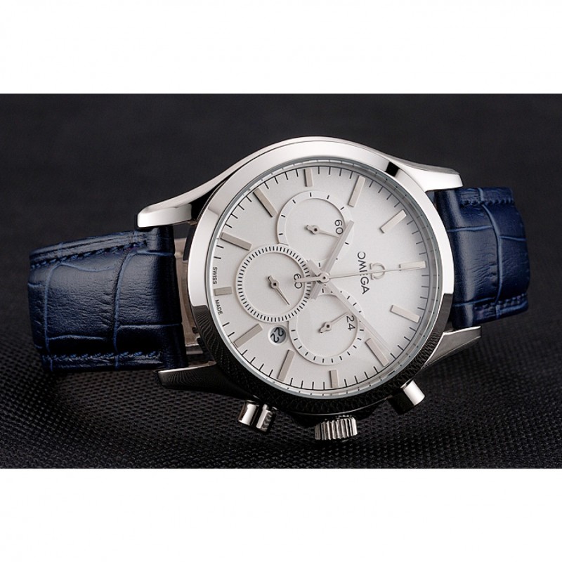 Omega Chronograph White Dial Stainless Steel Case Blue Leather Strap-4