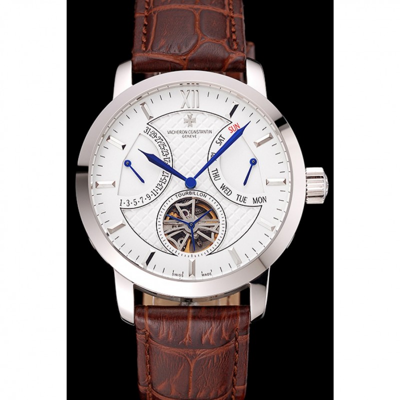 Vacheron Constantin Tourbillon White Dial Stainless Steel Case Brown Leather Bracelet-1