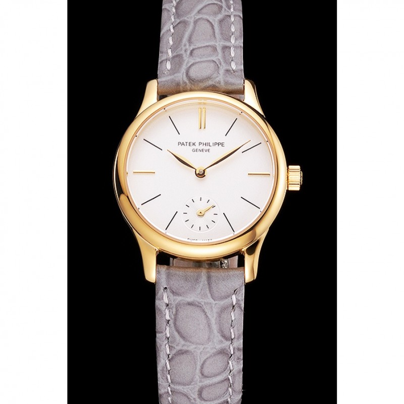 High End Replica Watches Patek Philippe Calatrava White Dial Gold Case Gray Leather Strap-1