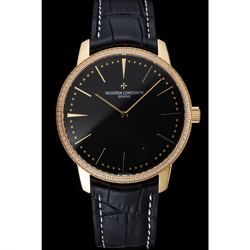 Swiss Vacheron Constantin Patrimony Grand Taille Black Dial Gold Diamond Case Black Leather Bracelet 1454183-1