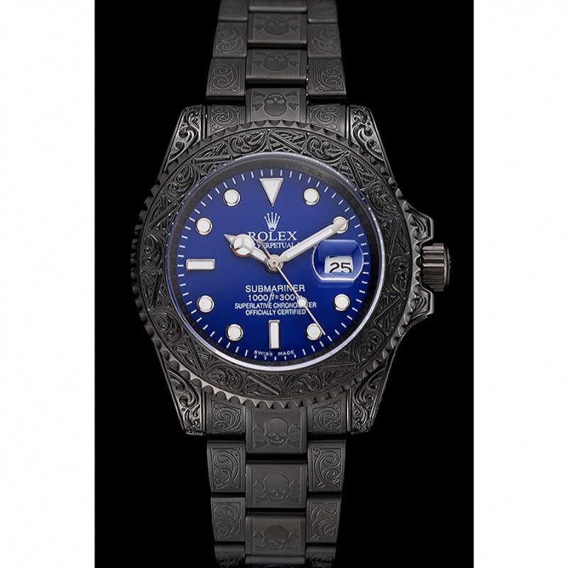 Swiss Rolex Submariner Skull Limited Edition Blue Dial All Black Case And Bracelet 1454084-1