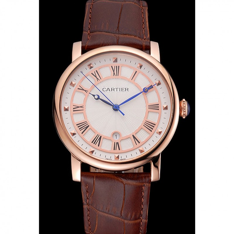 SS Cartier Rotonde Date White Dial Rose Gold Case Brown Leather Strap-1