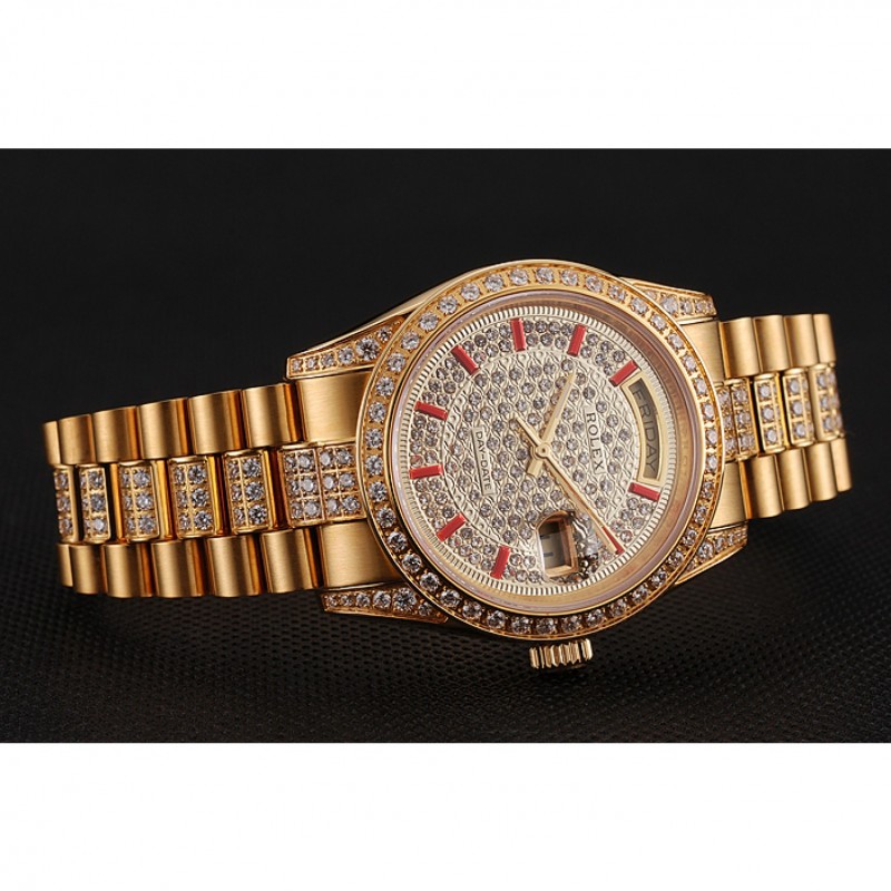 Swiss Rolex Day-Date Red Diamond Pave Dial Gold Diamond Bracelet 1453960-3
