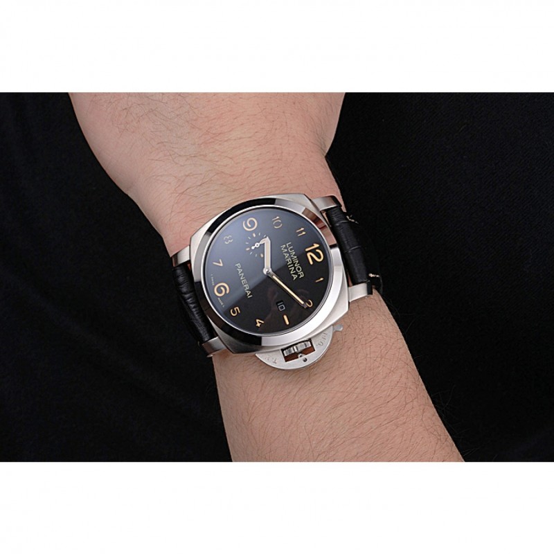 Panerai Luminor Marina 1950 Black Dial Brushed Steel Case Black Embossed Leather Strap-8