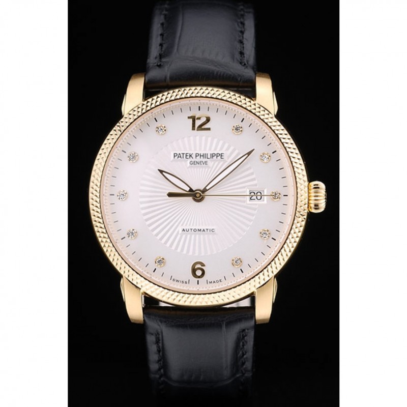 High Quality Replica Watches Patek Philippe Swiss Calatrava Ribbed Bezel White Dial Black Leather Strap 7642-1