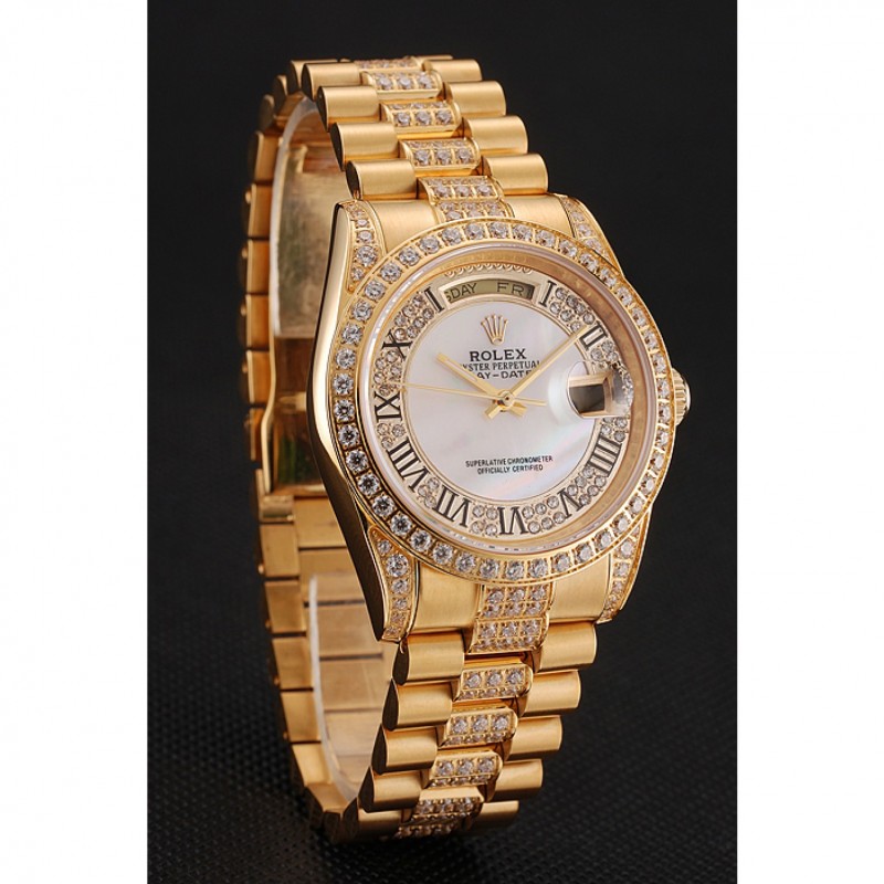 Swiss Rolex Day-Date Diamond Pave White Dial Gold Diamond Bracelet 1453958-1