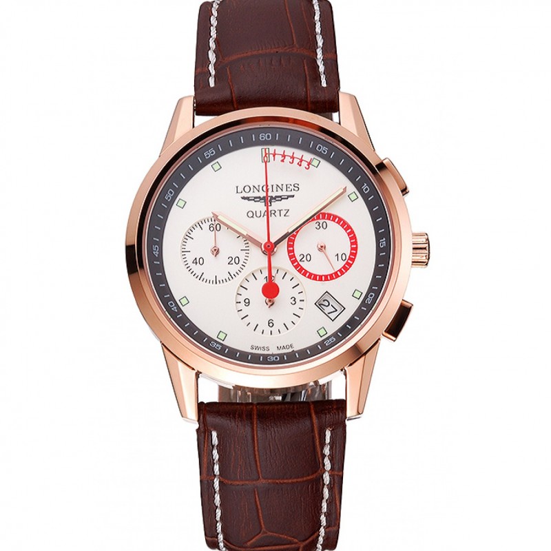 Luxury Replica Watches Longines Column Wheel White Dial Gold Case Brown Leather Strap-0