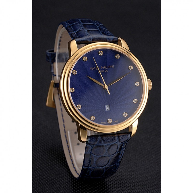 Patek Philippe Calatrava Date Blue Guilloche Dial Gold Case Blue Leather Strap-2