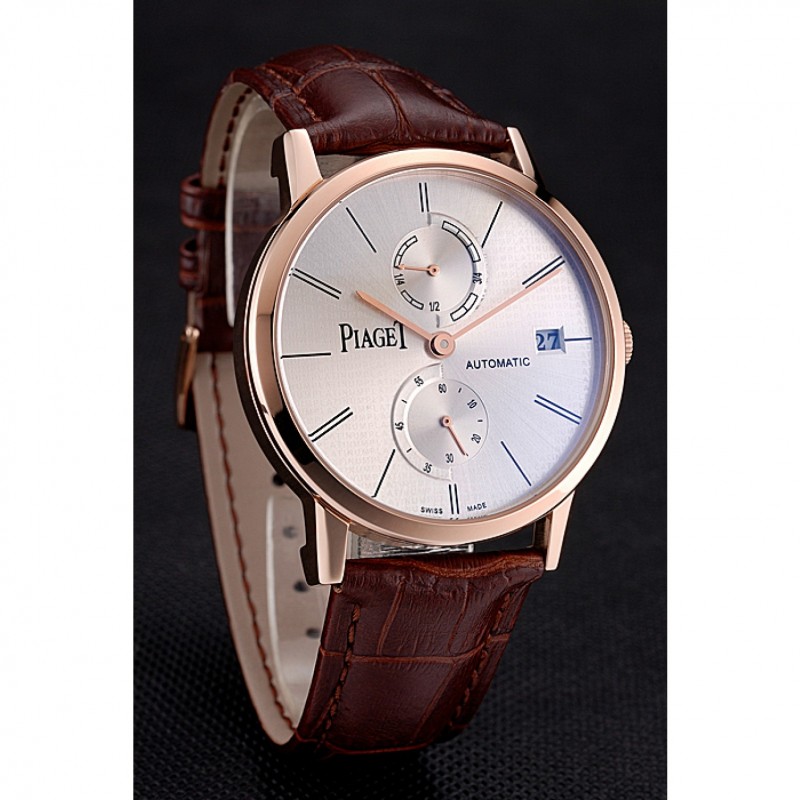 High Quality Piaget Altiplano Date Silver Dial Rose Gold Case Brown Leather Strap-2