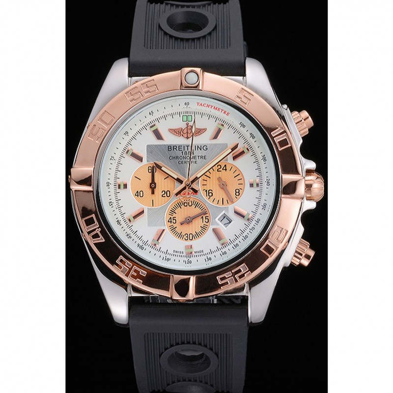 Breitling Chronomat White Dial Rose Gold Bezel And Subdials Stainless Steel Case Black Rubber Strap-1