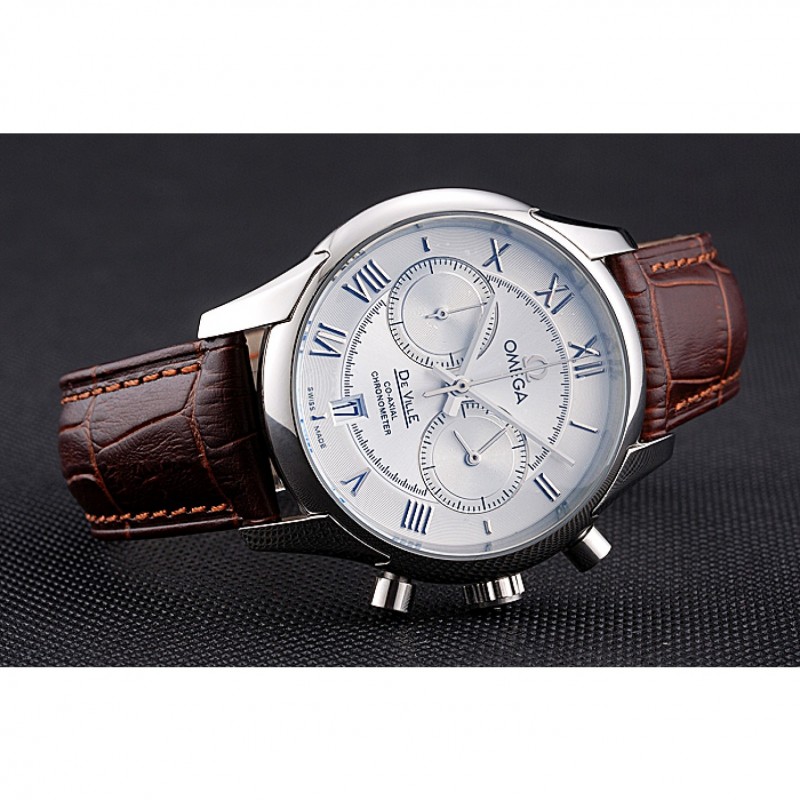 Omega DeVille Silver Bezel with White Dial and Brown Leather Strap 621566-3