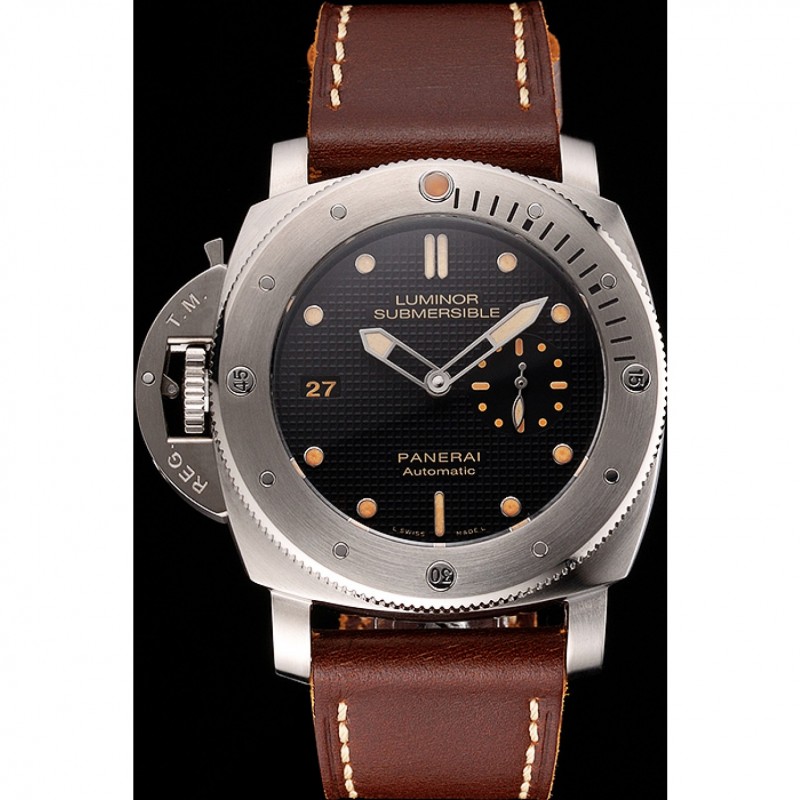 High End Swiss Panerai Submersible Left Handed Black Embossed Case Stainless Steel Case Brown Leather Strap-1
