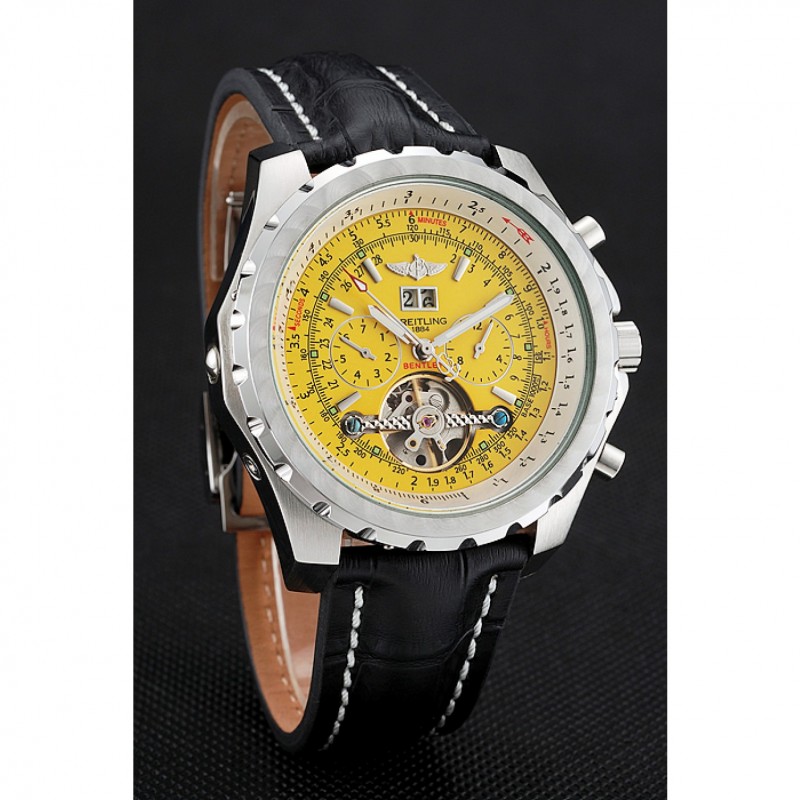 High End Replica Watches Breitling Bentley Mulliner Tourbillon Yellow Dial Stainless Steel Case Black Leather Strap 622730-2