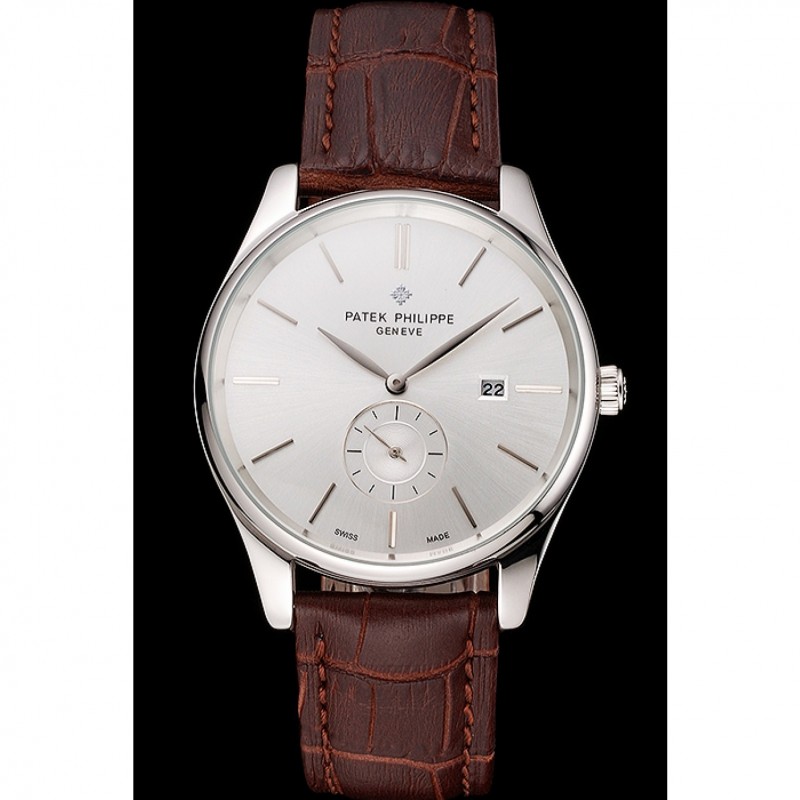 Patek Philippe Calatrava Date Silver Dial Stainless Steel Case Brown Leather Strap-1