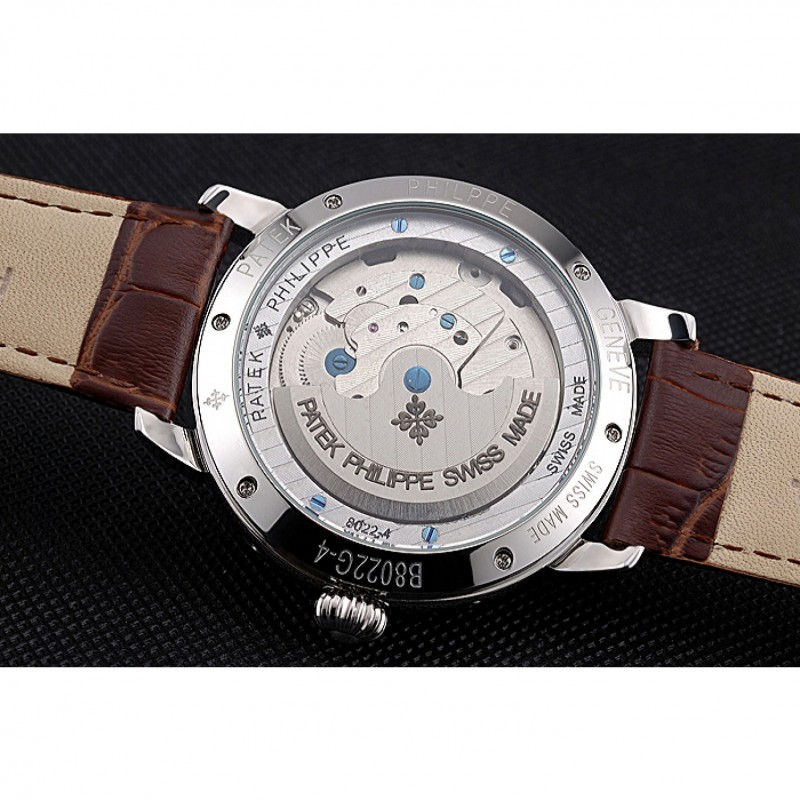 Patek Philippe Day Date Tourbillon White Dial Stainless Steel Case Embossed Bezel Brown Leather Strap 622837-7