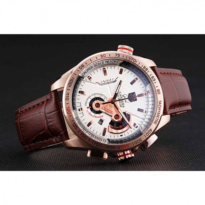 SS Tag Heuer Carrera Rose Gold Case White Dial Brown Leather Strap 98244-4