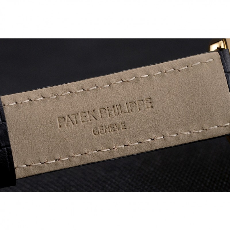 Swiss Patek Philippe Calatrava Gold Dial Diamond Markings Gold Case Black Leather Strap-6