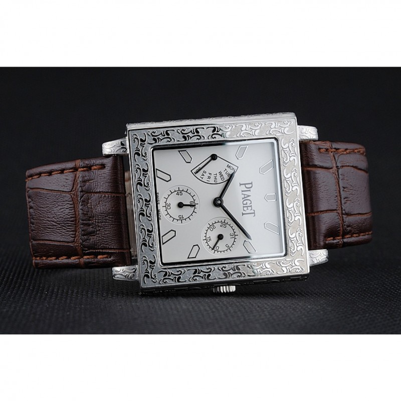 Piaget Emperador Limited Edition White Dial Engraved Silver Case Brown Leather Bracelet 1454138-4